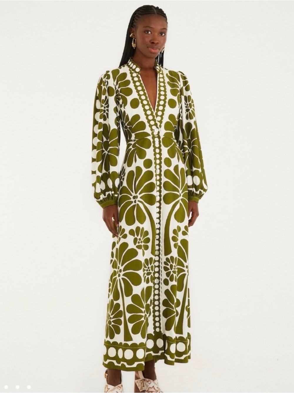 Farm Rio Green Palermo Buttoned Puff Sleeve Maxi Dress